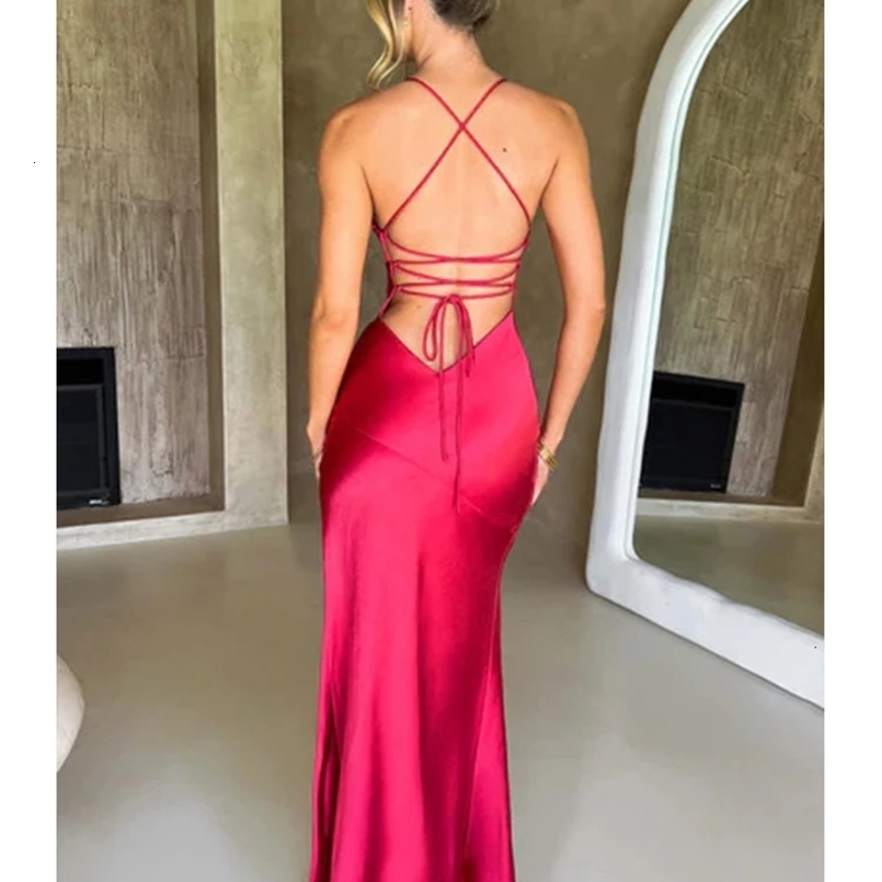 Bandage Backless Elegant Dress Split Hem Spaghetti Strap Slim Cocktail Party Club Fashion Satin Solid Lace-Up Long Dresses 250310