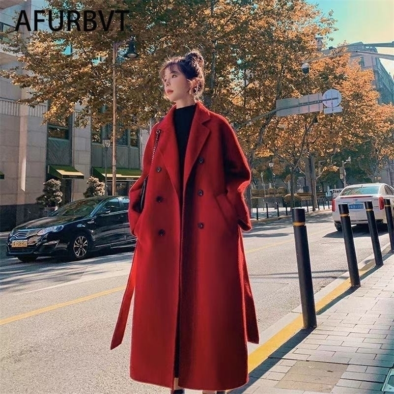 Women's Wool Blends Korea Women Spring Autumn Black Loose Long Wool Coat Jacket Belt Woolen Overcoat Split Hem Cardigan Outerwear 3XL 221010