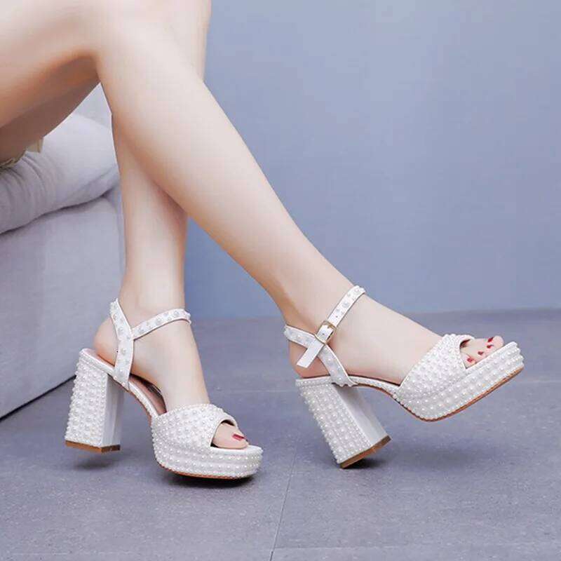 2025 new 9cm thick heel fish mouth waterproof platform round toe root sandals beige suower pearl bridal dress shoes
