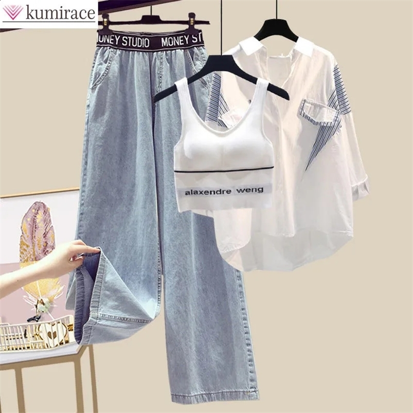 Summer Elegant Womens Pants Set Casual Shirt Jeans Trousers Vest Three Piece Set Female Tracksuit Blouse Blazer Suits 240826