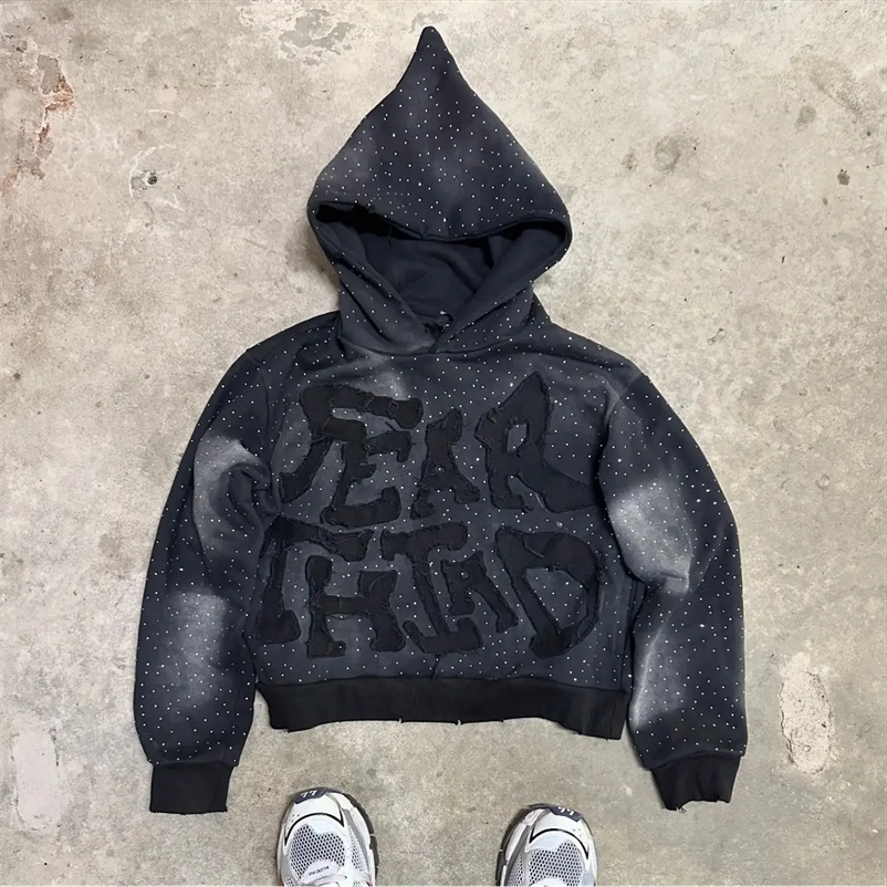Harajuku Fashion Sparkling Diamond Oversized Letter Patch Hoodie Mens Y2K Hip Hop Gothic Casual Clown Sweatshirt 241230