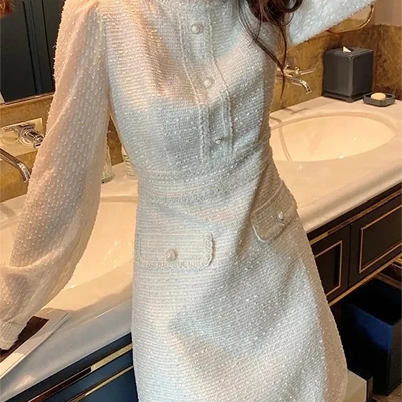 CJFHJE Solid Color Sweet Spring Autumn Korean Elegant Lady Dresses High Street Skinny Ivory Long Sleeve Party Women Tweed Dress 240529