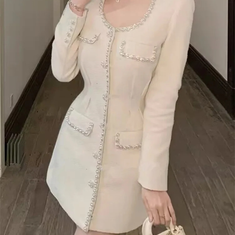 HMA Autumn Winter Temperament Celebrity Small Fragrant Wind Tweed Dress Womens White Pearl Diamond Woolen Dress Vestidos 240529