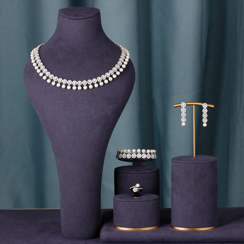 Fashion Pearl Tassel 40cm Necklace Earrings 4PCS Jewelry Set Womens Wedding Party Full Zircon Dubai Bridal Jewelry Set Gift 241021