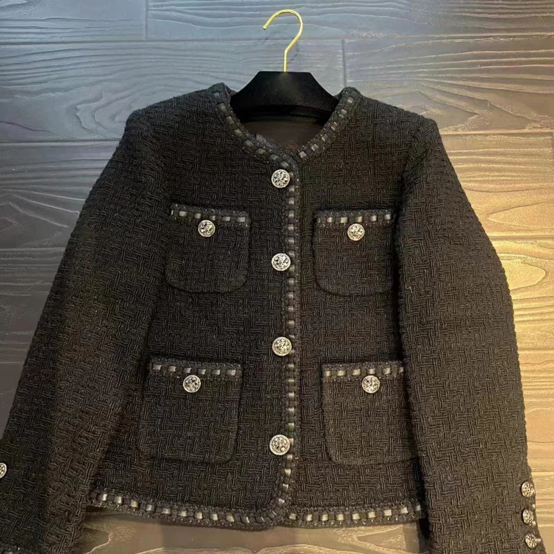 Black Roman wool classic short sleeved jacket womens coarse tweed top 240924
