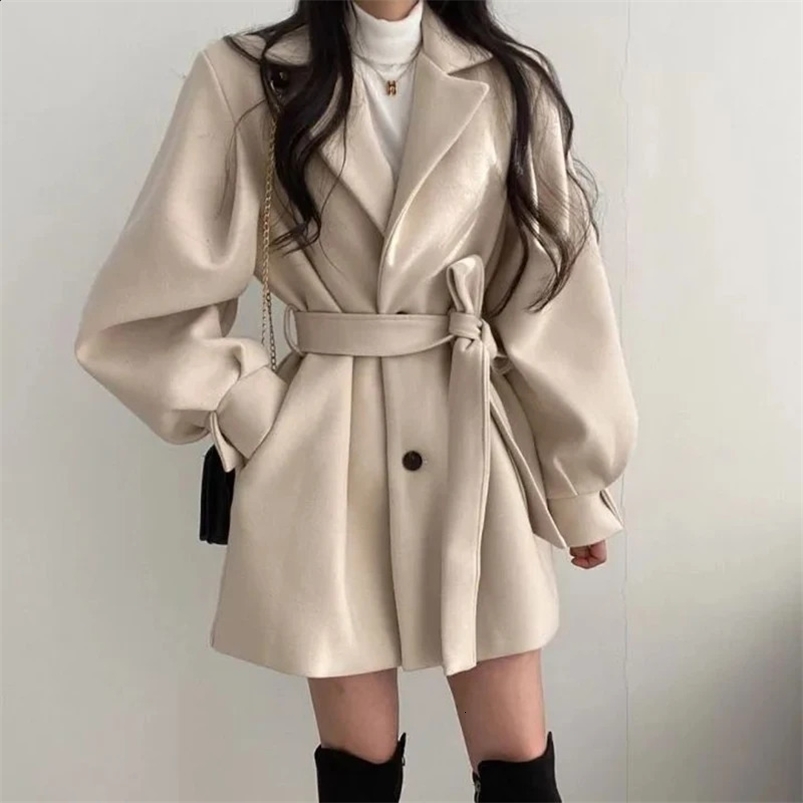 ITOOLIN Women Lace-up Trench Coat With Pockets Woolen Turn-down Collar Buttons Long Sleeve Coat Overcoat For Women Autumn Winter 240822