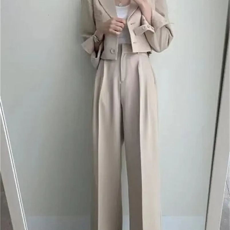 Spring Korean Casual Elegant Suits Blazer Jacket Wide Leg Trousers High Waist Pants Suits Female 2 Piece Sets Crop Top Coats 240826