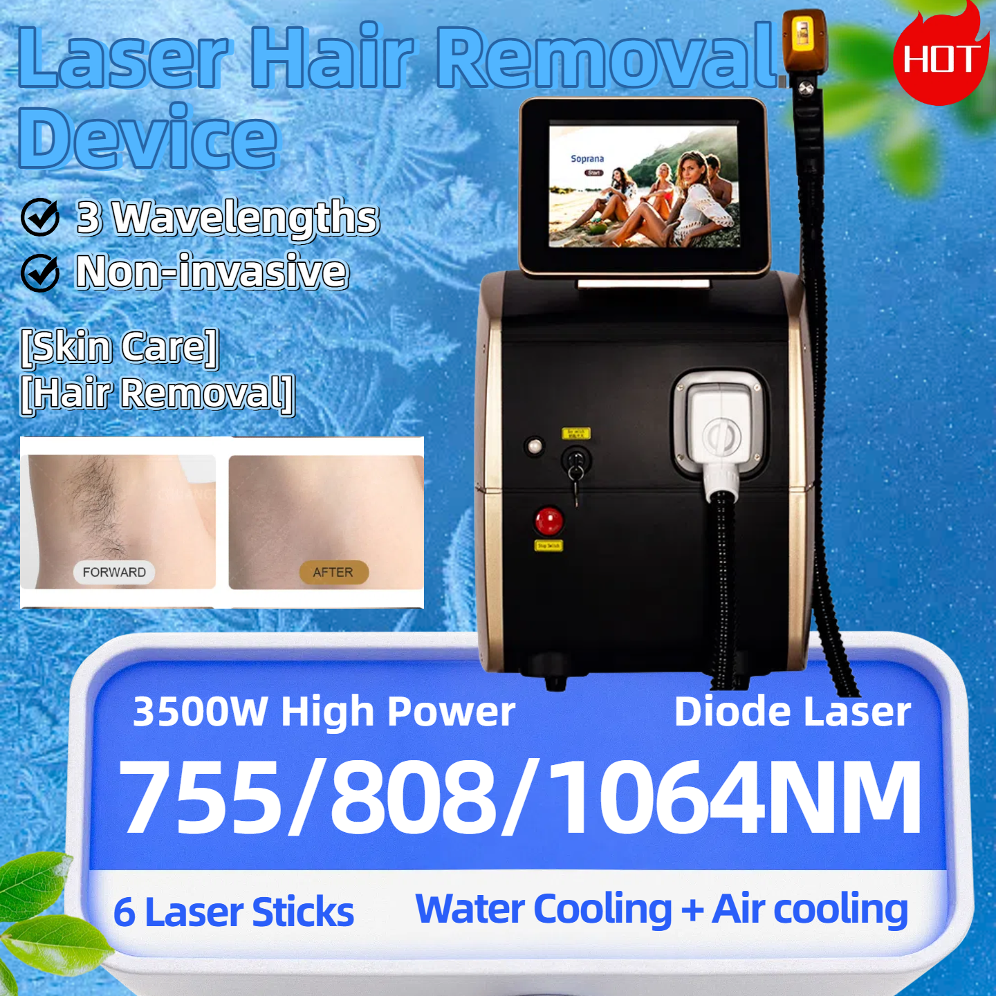 Professional Soprano Diode Laser Hair Removal Machine 808nm Ice Titanium 3 Waves Permanent Solution For Women 755/808/1064NM Laser Machine 3000W/3500W