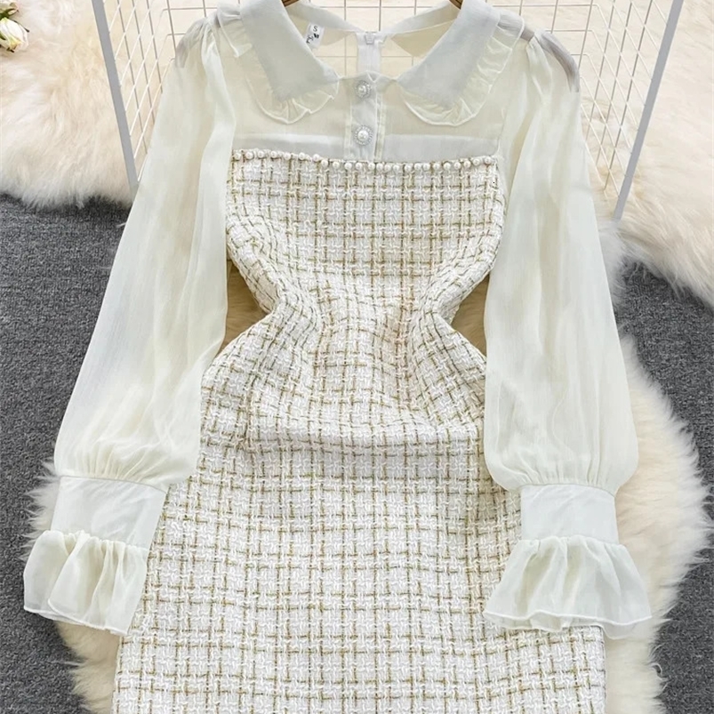 Korean Fashion Women Woolen Tweed Dress Autumn Winter Plaid Tweed Patchwork Chiffon Long Sleeve A Line Elegant Short Dress 240823