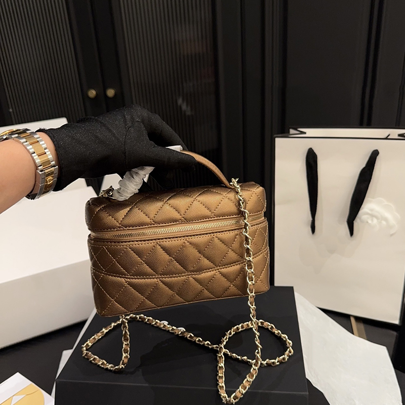 25B Womens Designer Golden Metallic Caviar Leather Vanity Cosmetic Case Makeup Box Bag Top Handle Clutch Tote Suitcase Trunk Box Gold Matelasse Chain Crossbody Bags