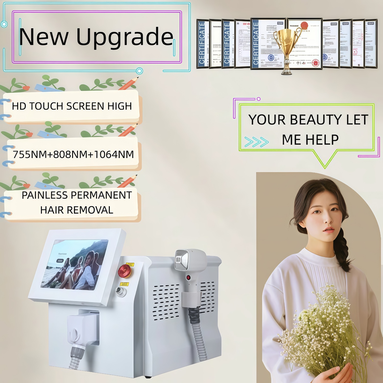 808nm Diode Alexandrite Laser Permanent Hair Removal Machine Ice Cooling Painless Professional Salon Equipment 3-Wavelength