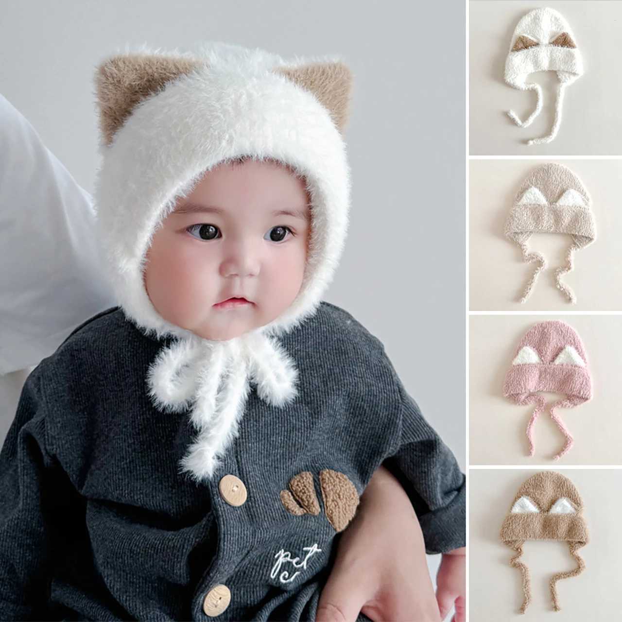 Cute Cat Ears Baby Plush Cap Winter Warm Laceup Headgear Bonnet Cartoon Children Beanies 624Month Toddler Ear Protection Hat Z251029