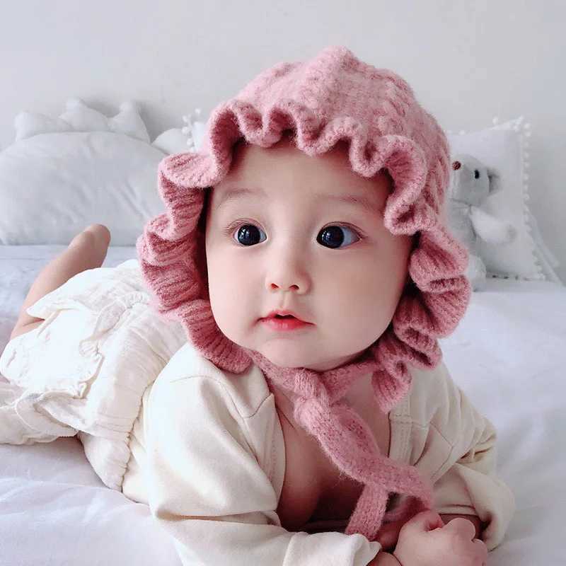Winter Baby Girls Lace Ruffle Earflap Hat Toddler Warm Thicken Knitted Beanies Hat Infant Solid Ear Protection Caps Bonnet Z251029
