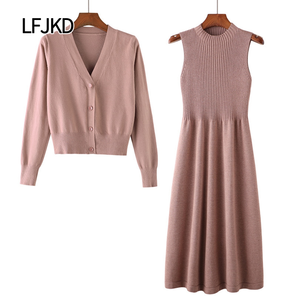 K2226 2024 new autumn women's two-piece suit: knitted sweater dress + long-sleeved cardigan suit, loose A-line version