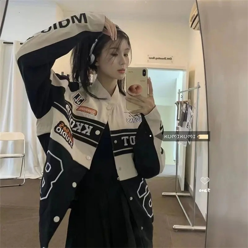 Womens Casual Short Jacket with Zippers Retro Loose Baseball Jacket for Autumn Detachable Moto Coat Embroidered Letters 240827