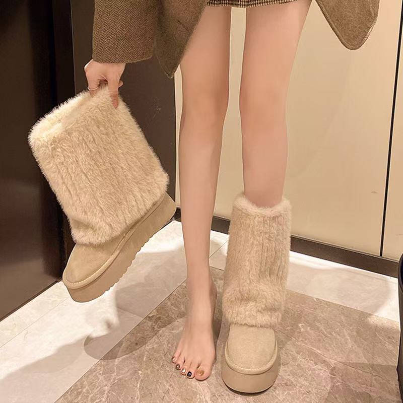 2024 Winter New Fashion Furry Hem Wedge Non-slip High Women's Outdoor Warm and Comfortable One-foot Snow Boots