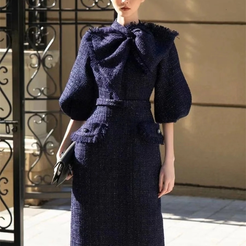 JAMERARY Fashion Autumn Winter Tweed Dress For Women Lantern Sleeve Midi Long Bodycon Dresses Office Lady Korean Style 240529