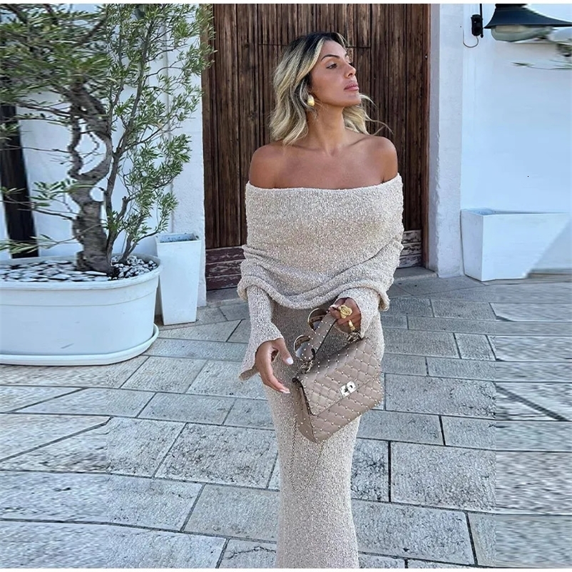 Slim Knitted Sexy See Through Dresses Hollow Out Off The Shoulder Maxi Dress Women Summer Lady Beach Vacation Vestidos 240715
