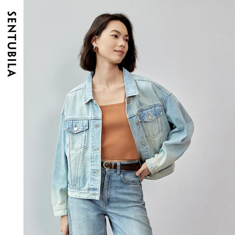 SENTUBILA Womens Spring Short Denim Jacket 2025 Fashion Loose Fit Long Sleeve Short Denim Coat Ladies Tops W43W57374X 250122