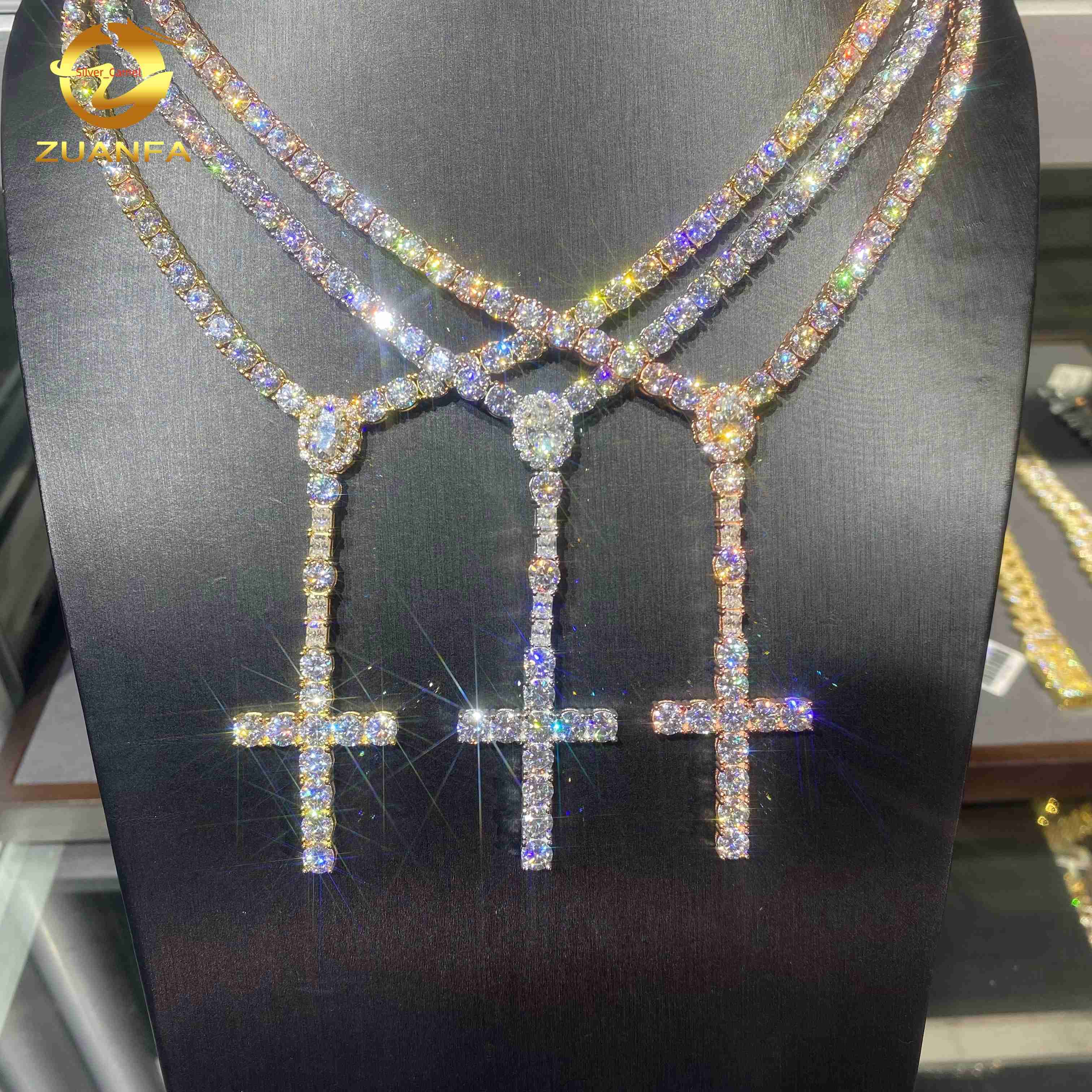 5mm VVS D Moissanite Diamond Fine Hip Hop Jewelry 925 Silver Iced Out Oval Cut Diamond Cross Pendant Tennis Chain Necklace