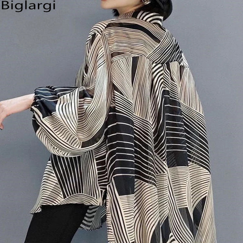 Oversized Striped Chiffon Summer Shirt Women Blouse Holiday Style Ladies Casual Sunscreen Loose Large Shirts 4XL Tops 250313