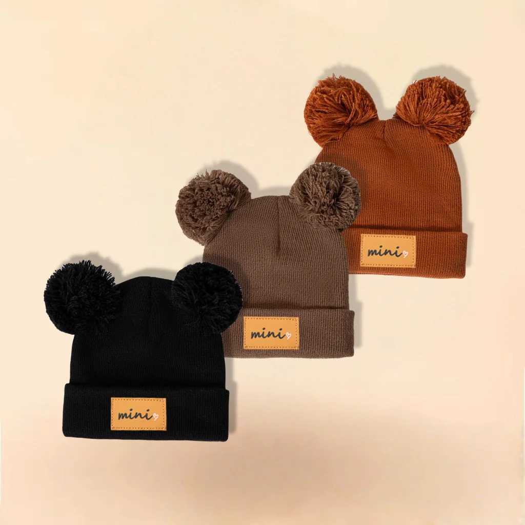 3PC Double Ball Childrens solid color 16Y cute baby knitted cap Acrylic autumn and winter cap Z251029