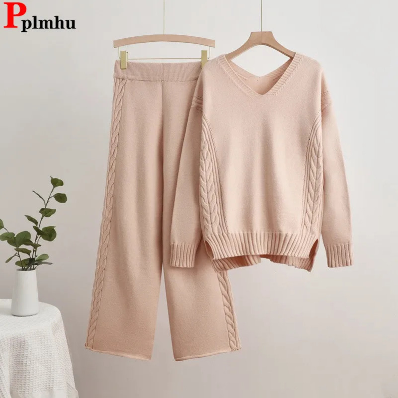 Casual Solid Knitted 2-piece Womens V-neck Long Sleeve Sweater Pullover Top Conjuntos High Waist Wide Leg Pants Set 241010
