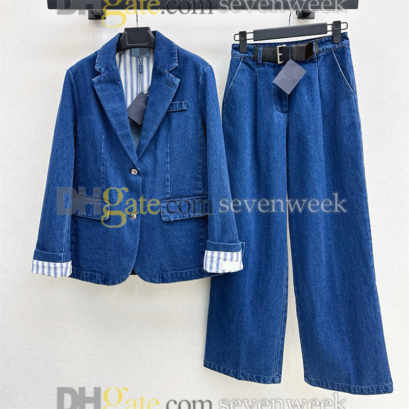 Designer Denim Blazer Set - Womens Business Formal Jean Jacket and Suit Pants Outfit C260312