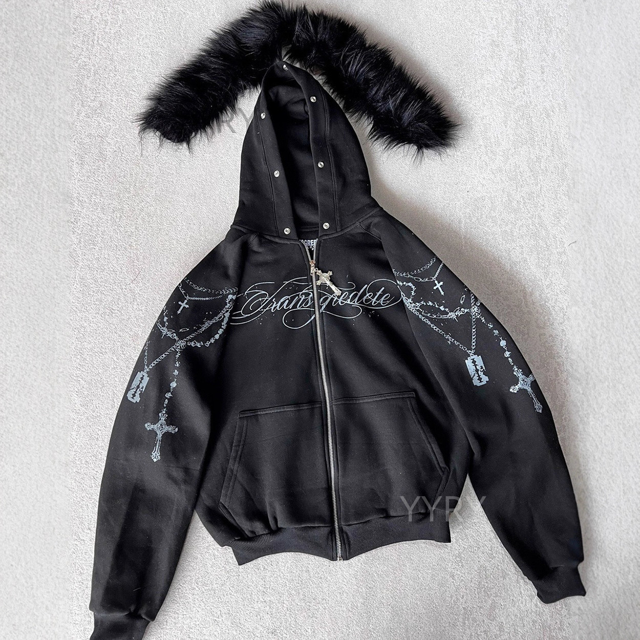 Personalized Printed Zipper Detachable Furry Hat Sweatshirt Sweatpants Set Long Sleeve Pullover Hoodie 250827