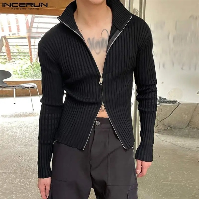 INCERUN Men T Shirts Solid Knitted Zipper Turtleneck Long Sleeve Casual Men Clothing Streetwear Autumn Fashion Tee Tops 240822