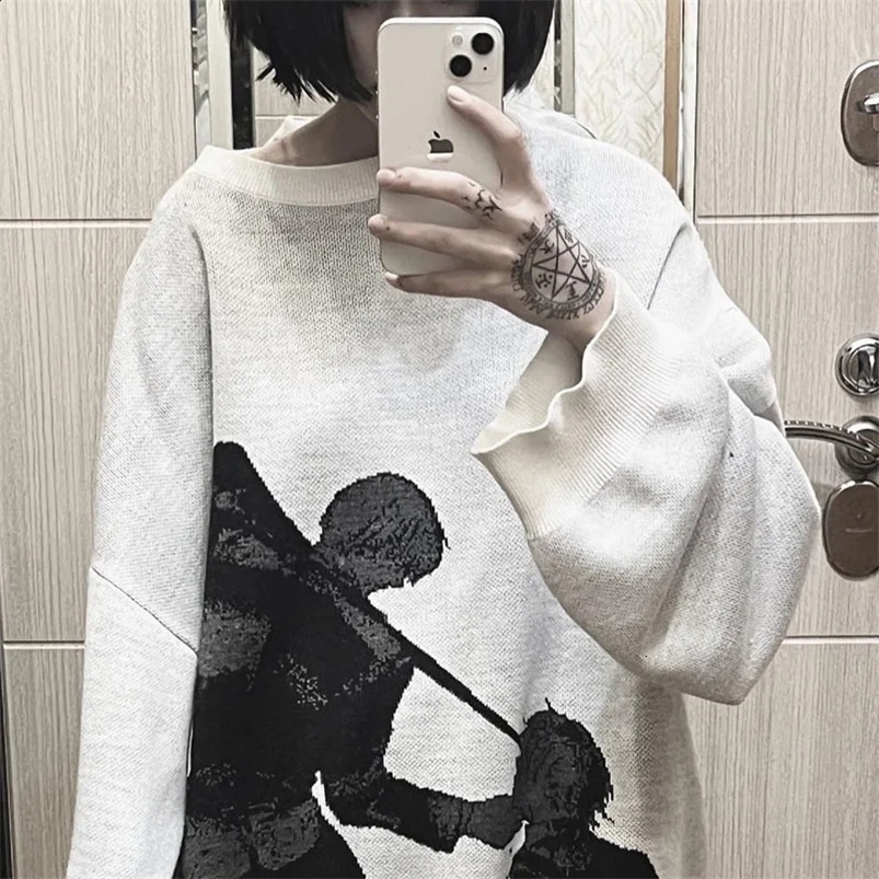 Hip Hop Men Streetwear Harajuku Knitted Sweater winter Pullover Loose Retro Vintage Halloween EMO y2k gothic Womens sweater top 240821