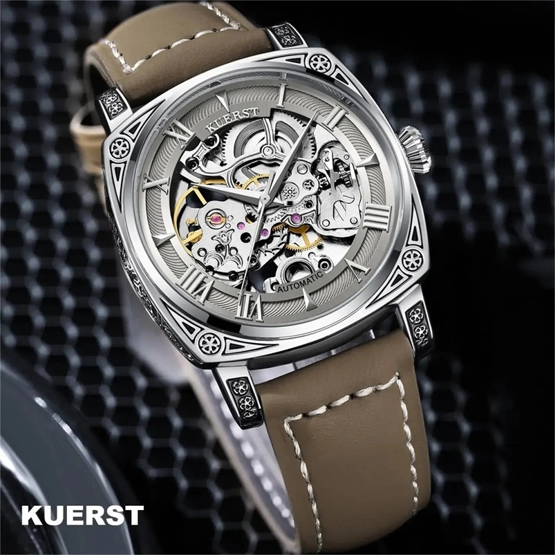 KUERST Automatic Mechanical Roman Steel Nails/waterproof Hollow/three-dimensional Carved Shell Fashion Glow-in-the-dark Watch 240724