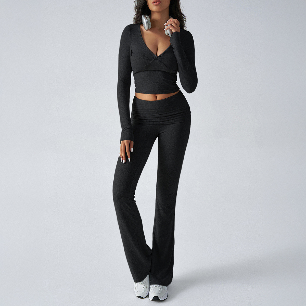 BOOFEENAA 3 Piece Set Lace Up Long Sleeve Crop Top and Flare Pants Casual Fall Winter Outfits for Women Lounge Wear C85-FZ52 240920
