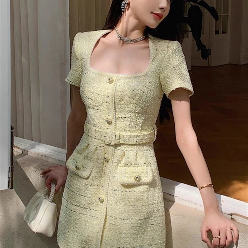 Womens Tweed Sequin Mini Dress Temperament Yellow Square Collar Short Sleeve High Waist Zipper Female Robe with Belt 240529
