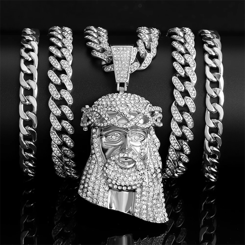 Iced Out Jesus Christ Head Charm Pendant Rhinestone Necklace With 13mm Miami Cuban Link Chain Hip Hop Style For Men Women Gift 250313