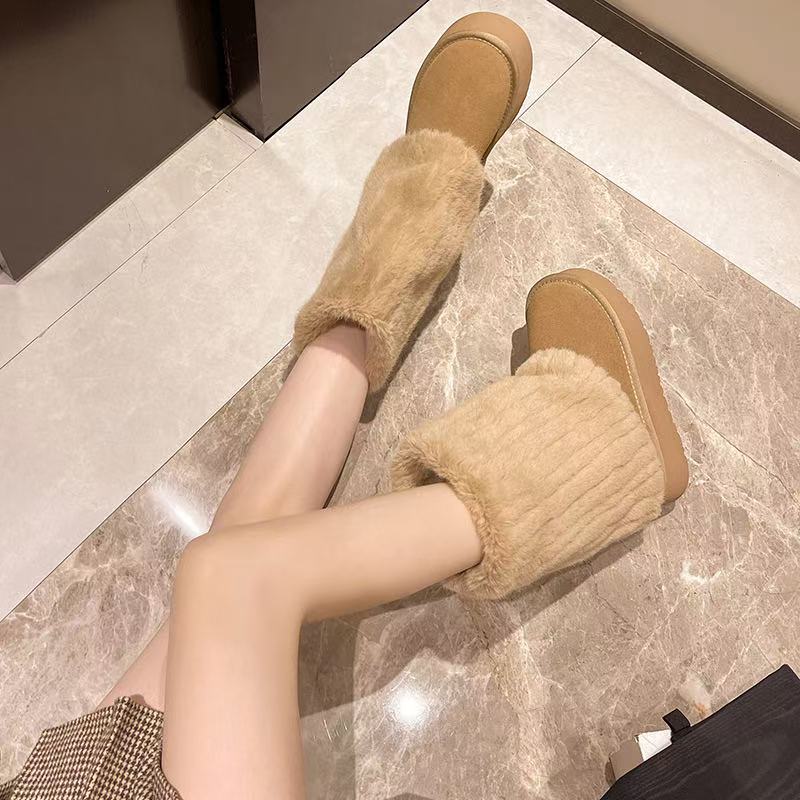 2024 Winter New Fashion Furry Hem Wedge Non-slip High Women's Outdoor Warm and Comfortable One-foot Snow Boots