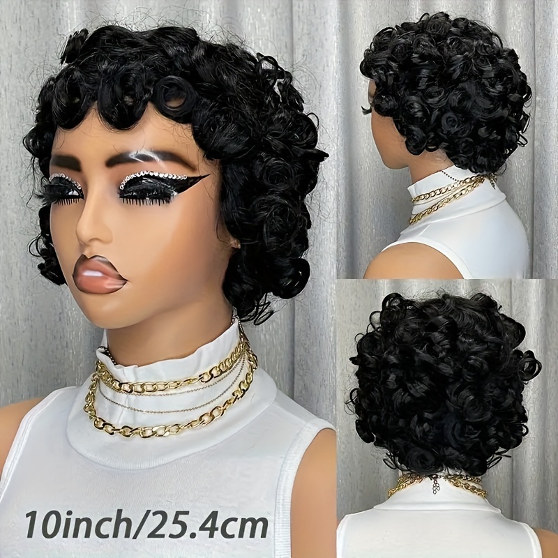 Women's 100% Human Hair Short Bob Afro Pixie Cut Wig Loose Curls with Bangs 180% Density Bouncy Curls Rose Cap Glueless Wig for All Ethnicities