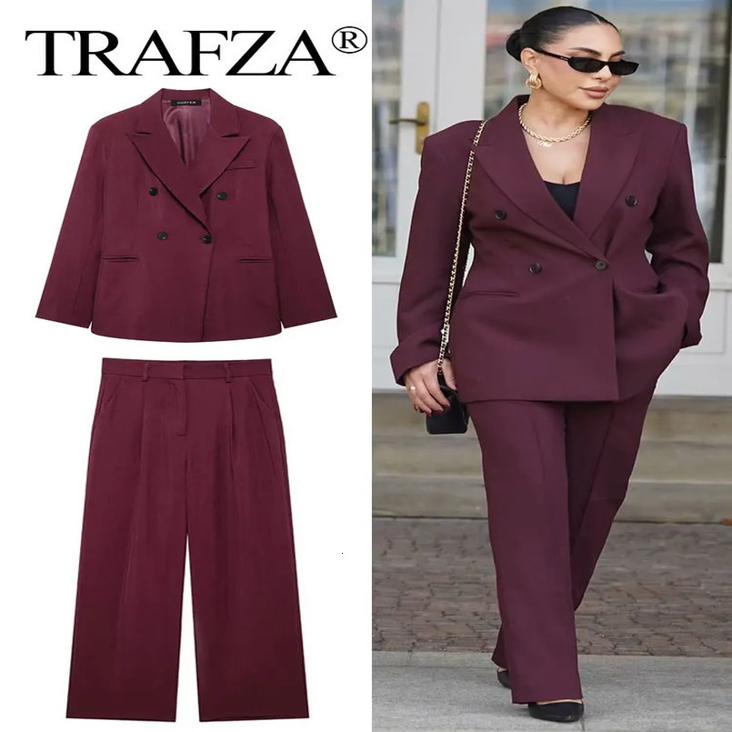 TRAFZA Women Vintage Wine Red Blazer Pant Suits Double Breasted Long Sleeve Coat Zipper Fly Straight Trousers Lady Office Sets 250113