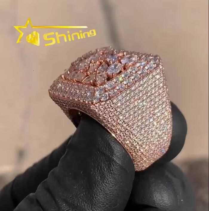 Luxury Hip Hop Ring 925 Sterling Silver Rose Gold Plated Iced Out Fancy Cut Buss Down Thick VVS Moissanite Diamond Ring Men