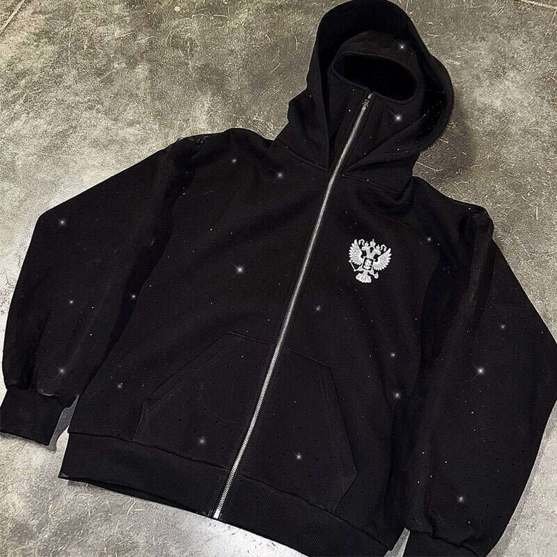 American Style Trendy Brand Double Hooded Bandit Design Zipper Hoodie Sweatshirt Patch Sequin Pattern Unisex Top