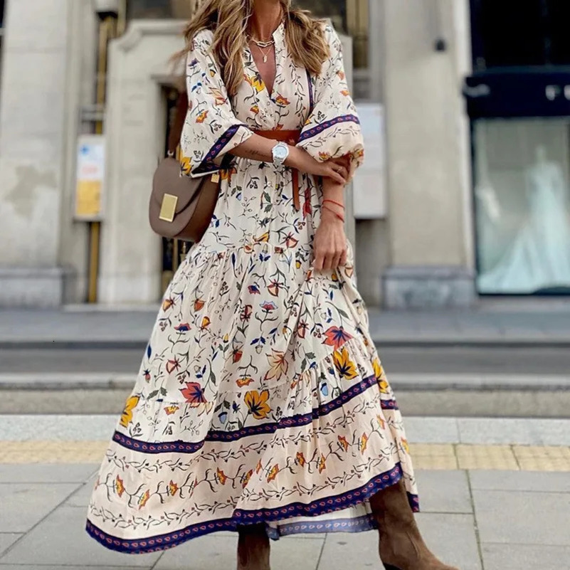 Fashion Print Boho Long Dress Womens Autumn Winter Sexy V-neck Seven Quarter Sleeve Casual Comfortable Loose Elegant Dress 250122