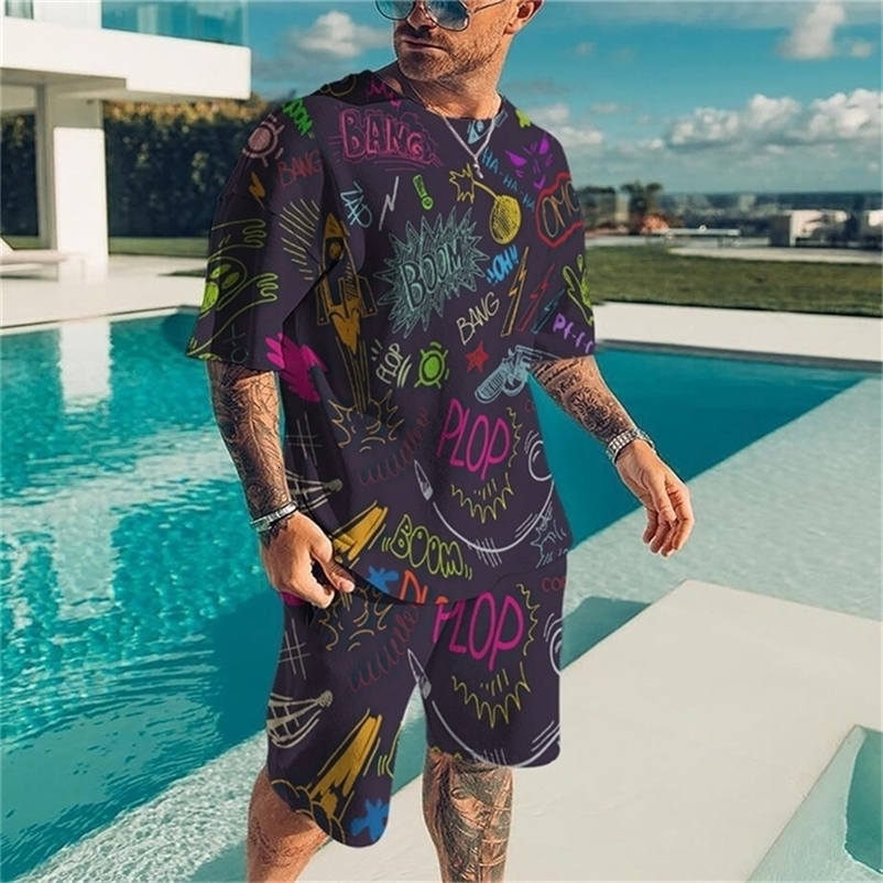 summer graffiti men's MAN SUMMER SHIRT casual personality man shirt and shorts 220803
