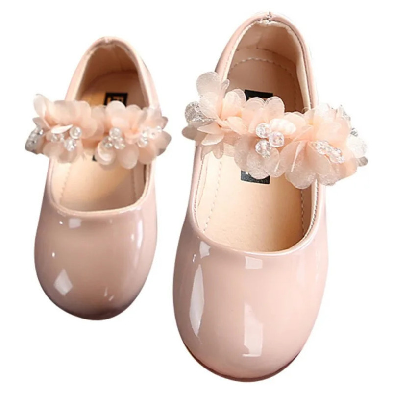 Girls Glossy Shallow Mouth Flat Leather Shoes 2-10 Years Girls Lace Flower Princess Shoes Baby Small Leather Shoes 241220