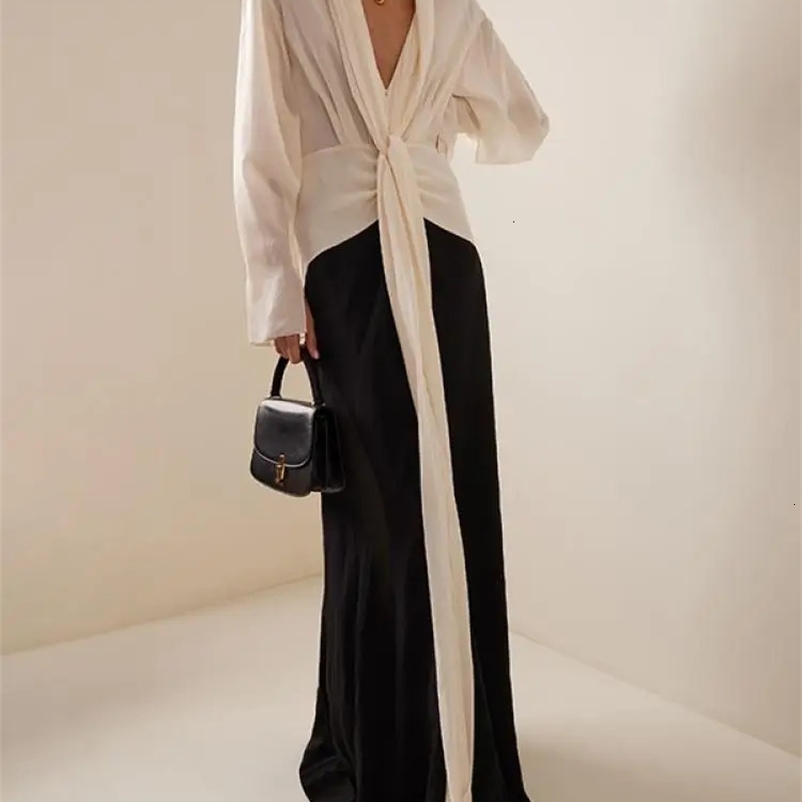 Onecozyday Women Summer Thin Dress Deep V-neck Long Sleeve Loose Fit Party Dresses Contrast Color Wrap Dress for Urban Female 240529