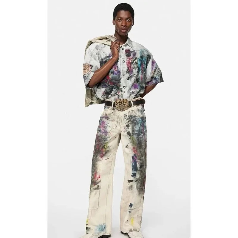 High Street Paint Graphic Splash Graphic Printing High Quality Jeans for Men Skateboard Sports Casual Loose cargo Pants 250922