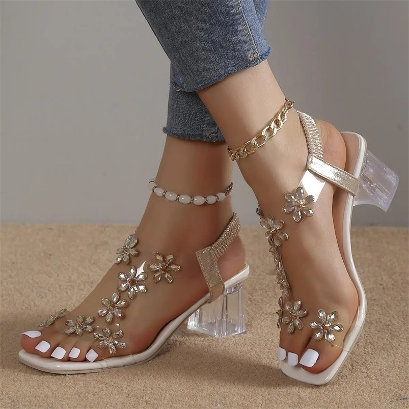 Rhinestone Transparent Heel Sandals For Women Summer High Heels 6cm Square Heel Open Toe Sandals Woman Wedding Dress Shoes 42 240528