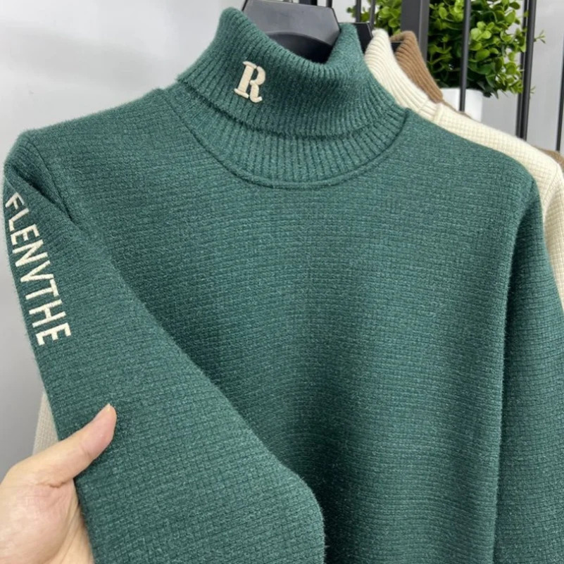 mens Knitte Pullover winter item exquisite letter embroidery wool sweater trend high neck thick warm mens clothing 241113
