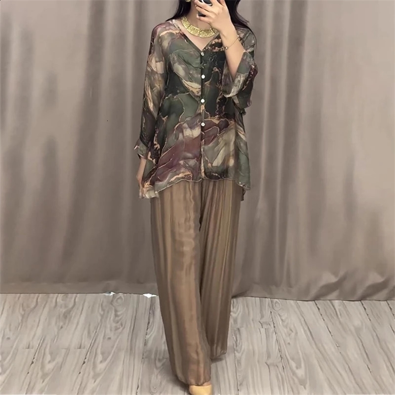 Retro Marble Print Loose Women Outfit Spring V Neck Button Blouse Shirt Pleated Pants 2pcs Autumn Long Sleeve Female Suits Set 240820