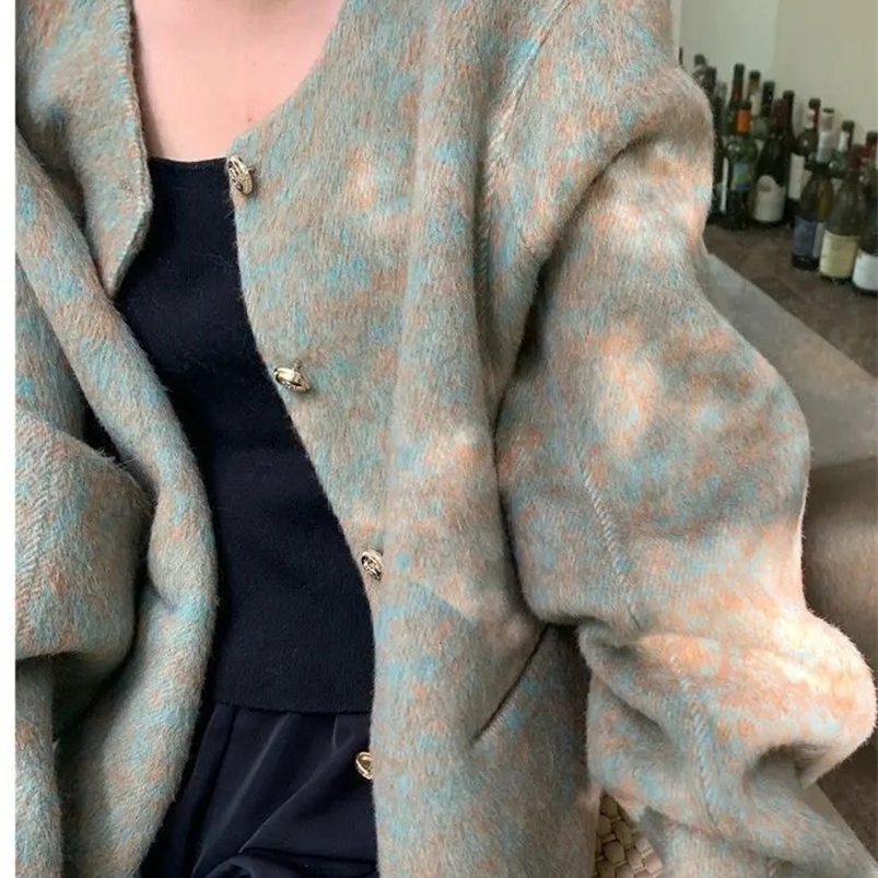 Short Woolen Jackets Autumn/Winter Korean-Style Metal Single Breasted Round Neck Loose Rabbit Hair Women Wool Coats 240822