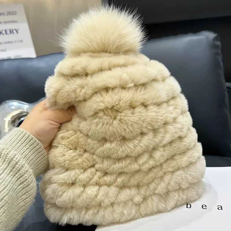Rex Rabbit Fur Hat Fashion Baotou Hat With Big Fox Fur Ball Thickened Warm Ear Protection Hat Winter Good Elastic Real Fur Hats Z251029